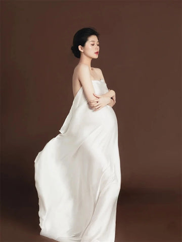 MQTIME  -  White Maternity Photography Props Maxi Maternity Gown Silk Cloth Maternity Dress Elegant Satin Shooting Photo Pregnant Dress Plu